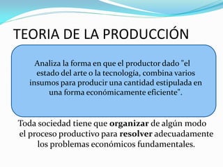 TEORIA DE LA PRODUCCIÓN
Analiza la forma en que el productor dado "el
estado del arte o la tecnología, combina varios
insumos para producir una cantidad estipulada en
una forma económicamente eficiente".

Toda sociedad tiene que organizar de algún modo
el proceso productivo para resolver adecuadamente
los problemas económicos fundamentales.

 