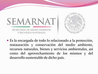  Es la encargada de todo lo relacionado a la protección,
restauración y conservación del medio ambiente,
recursos naturales, bienes y servicios ambientales, así
como del aprovechamiento de los mismos y del
desarrollo sustentable de dicho país.
 