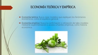 ECONOMÍA TEÓRICA Y EMPÍRICA
Economía teórica: Busca crear modelos que expliquen los fenómenos
económicos, como el equilibrio general.
Economía empírica: Busca la confirmación o refutación de tales modelos
mediante experimentación o acceso a fuentes empíricas, como historia
económica.