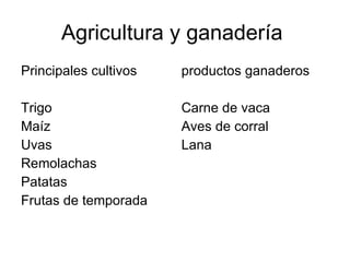 Agricultura y ganadería  Principales cultivos Trigo  Maíz Uvas  Remolachas Patatas Frutas de temporada productos ganaderos Carne de vaca Aves de corral Lana 