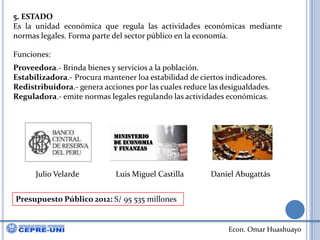 5. ESTADOEs la unidad económica que regula las actividades económicas mediante normas legales. Forma parte del sector público en la economía.Funciones:Proveedora.- Brinda bienes y servicios a la población.Estabilizadora.- Procura mantener loa estabilidad de ciertos indicadores.Redistribuidora.- genera acciones por las cuales reduce las desigualdades.Reguladora.- emite normas legales regulando las actividades económicas.Luis Miguel CastillaJulio VelardeDaniel AbugattásPresupuesto Público 2012: S/ 95 535 millones