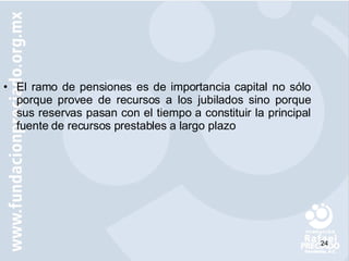 El ramo de pensiones es de importancia capital no sólo porque provee de recursos a los jubilados sino porque sus reservas pasan con el tiempo a constituir la principal fuente de recursos prestables a largo plazo 