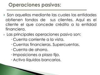  Son aquellas mediante las cuales las entidades
 obtienen fondos de sus clientes. Aquí es el
 cliente el que concede crédito a la entidad
 financiera.
 Las principales operaciones pasivo son:
    •Cuenta corriente a la vista.
    •Cuentas financieras. Supercuentas.
    •Cuenta de ahorro.
    •Imposiciones a plazo fijo.
    •Activo líquidos bancarios.
 