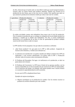 INTRODUCCIÓN: CONCEPTOS ECONÓMICOS BÁSICOS Dolores Tirado Bennasar
10
de ellos, observará que el resulta cada vez más difícil: tendrá que recurrir progresivamente a
recursos cada vez menos buenos para producir alimentos. Quitará esos recursos de la
producción de otros bienes, que en este caso son los vestidos. Esto significa que cada vez
que aumente la producción de alimentos tendrá que reducir más la de los vestidos.
L agricultura Producción alimentos L industria Producción vestidos
Producción
total
Variación
producción
Producción
total
Variación
producción
4 15 0 0
3 13 -2 1 4 4
2 10 -3 2 7 3
1 6 -4 3 9 2
0 0 -6 4 10 1
En ambas actividades cuantos más trabajadores haya mayor será el nivel de producción.
Pero el aumento de producción que se consigue en cualquiera de las actividades productivas
disminuye a medida que se añaden más trabajadores. Por ello, si existen rendimientos
decrecientes en la producción de un bien el coste de oportunidad de producir unidades
sucesivas del mismo bien es cada vez mayor.
La FPP clarifica 4 de las preguntas a las que todas las economías se enfrentan:
1. ¿Qué bienes producir?: En qué punto de la FPP se debe producir. Asignación de
recursos entre alimentos y vestidos (usos alternativos).
2. La eficiencia en la producción: Los puntos situados por debajo (o dentro) de la FPP son
ineficientes ⇒ hay recursos subutilizados. Los puntos sobre la FPP ⇒ Producción
eficiente: todos los recursos están correctamente utilizados.
3. El Problema del Desempleo: Da lugar a la ineficiencia en la producción, es decir un
punto dentro de la frontera
4. El Problema del Crecimiento: La FPP traza el límite de las opciones posibles; con los
recursos disponibles los niveles de producción por encima de la FPP son inalcanzables.
Con el transcurso del tiempo, sin embargo, tales puntos pueden estar a nuestro alcance
si se aumenta la capacidad productiva de la economía.
En este caso la FPP se desplazará hacia fuera.
Ejemplos de mejoras tecnológicas:
⇒ Mejoras tecnológicas en la producción de vestidos: Con los mismos recursos se
producen los mismos alimentos pero más vestidos.
 