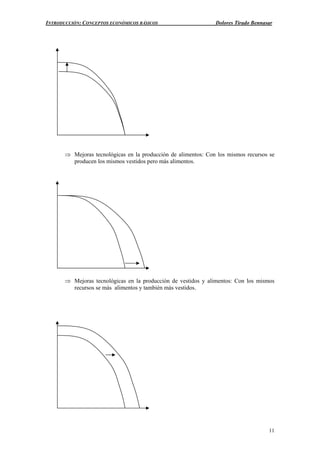 INTRODUCCIÓN: CONCEPTOS ECONÓMICOS BÁSICOS Dolores Tirado Bennasar
11
⇒ Mejoras tecnológicas en la producción de alimentos: Con los mismos recursos se
producen los mismos vestidos pero más alimentos.
⇒ Mejoras tecnológicas en la producción de vestidos y alimentos: Con los mismos
recursos se más alimentos y también más vestidos.
 