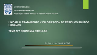 Profesora: ALTAMIRA DÍAZ
UNIVERSIDAD DEL ZULIA
ESCUELA DE INGENIERÍA CIVIL
ASIGNATURA: GESTIÓN INTEGRAL DE RESIDUOS SÓLIDOS URBANOS
UNIDAD III. TRATAMIENTO Y VALORIZACIÓN DE RESIDUOS SÓLIDOS
URBANOS
TEMA N°7 ECONOMÍA CIRCULAR
 