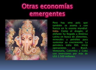 Economía mexicanaMéxico es la primera economía creativa de América Latina y la número 18 en el mundo, por el valor de las exportaciones de sus industrias relacionadas con la música, videojuegos, libros, televisión y cine, de acuerdo con la ONU. El estudio estableció que pese a que el comercio mundial registró un retroceso de 12% en 2008, el intercambio mundial de productos y servicios creativos continuó su expansión. De acuerdo con el informe, las economías creativas se han mostrado más resistentes al impacto de la crisis económica mundial que las industrias tradicionales manufactureras.