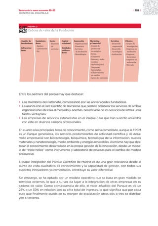 Sectores de la nueva economía 20+20                                                                                                | 105 |
ECONOMÍA DEL ENSAMBLAJE




         FIGURA 2

         Cadena de valor de la Fundación


  Alquiler de     Suministra-      Socios        Capital      Innovación         Marketing                Servicios       Clientes
  instalaciones   dores            - Empresas    relacional   - Organizacional   y Comercial              - Desarrollo    - Grupos de
                  - Equipos          de                       - Financiera       - Unidad de                empresarial     investigación
  Infraestruc-    - Laboratorios                 Entidades                         promoción
                                     servicios                - Servicios                                 - Desarrollo    - Empresas en
  turas                                          colabora-
                  - Etc.                                        de incubación      tecnológico.             tecnológico     incubación
                                                 doras
                                                              - Metodologías     - Ferias.                - Aceleración   - Empresas
                                                                                 - Congresos                                licenciadas
                                                                                 - Internet y redes                       - Empresas en
                                                                                   sociales.                                aceleración
                                                                                 - Marketing viral                        - Mercado
                                                                                   (empresas
                                                                                   licenciadas).
                                                                                 - Colaboraciones
                                                                                   en medios.
                                                                                 - Apoyo del patronato.




Entre los partners del parque hay que destacar:

• Los miembros del Patronato, comenzando por las universidades fundadoras.
• La alianza con el Parc Científic de Barcelona que permite combinar los servicios de ambas
  organizaciones de cara al mercado y, además, beneficiarse de los servicios del otro a unas
  tarifas ventajosas.
• Las empresas de servicios establecidas en el Parque o las que han suscrito acuerdos
  con este en diversos campos profesionales.

En cuanto a las principales áreas de conocimiento, como se ha comentado, aunque la FPCM
es un Parque generalista, los sectores predominantes de actividad científica y de desa-
rrollo empresarial son biotecnología, bioquímica, tecnologías de la información, nuevos
materiales y nanotecnología, medio ambiente y energías renovables. Asimismo hay que des-
tacar el conocimiento desarrollado en la propia gestión de la innovación, desde un mode-
lo de “triple hélice” como instrumento y laboratorio de pruebas para el cambio de modelo
productivo.

El papel integrador del Parque Científico de Madrid es de una gran relevancia desde el
punto de vista cualitativo. El conocimiento y la capacidad de gestión, con todos sus
aspectos innovadores ya comentados, constituye su valor diferencial.

Sin embargo, se ha optado por un modelo operativo que se basa en gran medida en
servicios externos, lo que a su vez da lugar a la integración de otras empresas en su
cadena de valor. Como consecuencia de ello, el valor añadido del Parque es de un
25% o un 30% en relación con su cifra total de ingresos, lo que significa que por cada
euro que finalmente queda en su margen de explotación otros dos o tres se distribu-
yen a terceros.
 