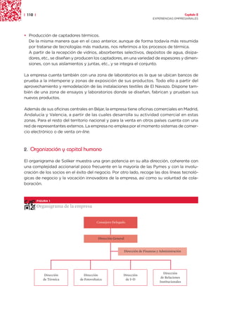 | 110 |                                                                                               Capítulo 2
                                                                                EXPERIENCIAS EMPRESARIALES




• Producción de captadores térmicos.
  De la misma manera que en el caso anterior, aunque de forma todavía más resumida
  por tratarse de tecnologías más maduras, nos referimos a los procesos de térmica.
  A partir de la recepción de vidrios, absorbentes selectivos, depósitos de agua, disipa-
  dores, etc., se diseñan y producen los captadores, en una variedad de espesores y dimen-
  siones, con sus aislamientos y juntas, etc., y se integra el conjunto.

La empresa cuenta también con una zona de laboratorios es la que se ubican bancos de
prueba a la intemperie y zonas de exposición de sus productos. Todo ello a partir del
aprovechamiento y remodelación de las instalaciones textiles de El Navazo. Dispone tam-
bién de una zona de ensayos y laboratorios donde se diseñan, fabrican y prueban sus
nuevos productos.

Además de sus oficinas centrales en Béjar, la empresa tiene oficinas comerciales en Madrid,
Andalucía y Valencia, a partir de las cuales desarrolla su actividad comercial en estas
zonas. Para el resto del territorio nacional y para la venta en otros países cuenta con una
red de representantes externos. La empresa no emplea por el momento sistemas de comer-
cio electrónico o de venta on-line.



2. Organización y capital humano

El organigrama de Soliker muestra una gran potencia en su alta dirección, coherente con
una complejidad accionarial poco frecuente en la mayoría de las Pymes y con la involu-
cración de los socios en el éxito del negocio. Por otro lado, recoge las dos líneas tecnoló-
gicas de negocio y la vocación innovadora de la empresa, así como su voluntad de cola-
boración.



          FIGURA 1

          Organigrama de la empresa


                                        Consejero Delegado



                                         Dirección General


                                                             Dirección de Finanzas y Administración




                                                                                       Dirección
              Dirección         Dirección                Dirección
                                                                                     de Relaciones
             de Térmica      de Fotovoltaica              de I+D
                                                                                    Institucionales
 