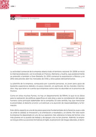 | 214 |                                                                                          Capítulo 2
                                                                          EXPERIENCIAS EMPRESARIALES




          FIGURA 1

          Organigrama de la empresa

                                               Gerencia
                                               (bicéfala)




                            Dpto. Técnico   Jefe de Fábricas   Comercial Alemania
                                                               Comercial Francia
                                                               Comercial Latinoamérica


           PESL                                                                           RELS


            Asistente de Producción                                         Fabricación

                  Calidad y                                                 Contabilidad
               Nuevos Proyectos
                                                                             Comercial
                Mantenimiento

                Administración

                     Formador




La actividad comercial de la empresa abarca todo el territorio nacional. En 2006 se inició
la internacionalización, con la entrada en Francia, Alemania y Austria, que posteriormente
se extendió a también a Gran Bretaña. En 2010 comenzó la exportación a México y en
2012 está previsto abrir los mercados de Chile y otros países latinoamericanos.

La plantilla de la empresa, compuesta por cuarenta personas, es joven pero goza de
bastante experiencia debido a la poca rotación, en particular, de los mandos interme-
dios. Hay que tener en cuenta que empresas como esta no abundan en la provincia de
Huesca.

Como en otras muchas Pymes, no hay un departamento de RRHH, lo que no es óbice
para la realización de políticas específicas en esta área y para la consideración del equipo
humano como principal stakeholder de la compañía. En este sentido, hay que mencionar
la proximidad, el derecho al error y el estímulo a la asunción de responsabilidad y la for-
mación.

Este último aspecto es una de las preocupaciones fundamentales de la Gerencia, pues a ella
va unida la calidad, la innovación y la orientación a resultados y al cliente. Por esta razón
la empresa ha depositado en uno de sus operarios más veteranos la tarea de formar a los
más jóvenes en su puesto de trabajo y de apoyar a los no tan jóvenes. Además, la empre-
sa incluye entre sus acciones formativas el inglés, la prevención de riesgos laborales, el domi-
 