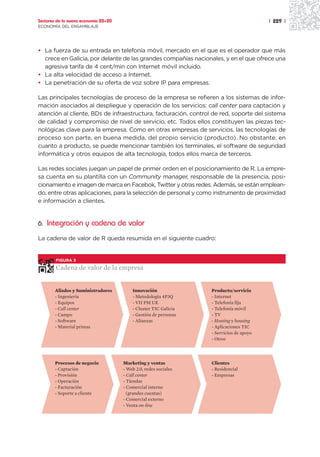 Sectores de la nueva economía 20+20                                                      | 229 |
ECONOMÍA DEL ENSAMBLAJE




• La fuerza de su entrada en telefonía móvil, mercado en el que es el operador que más
  crece en Galicia, por delante de las grandes compañías nacionales, y en el que ofrece una
  agresiva tarifa de 4 cent/min con Internet móvil incluido.
• La alta velocidad de acceso a Internet.
• La penetración de su oferta de voz sobre IP para empresas.

Las principales tecnologías de proceso de la empresa se refieren a los sistemas de infor-
mación asociados al despliegue y operación de los servicios: call center para captación y
atención al cliente, BDs de infraestructura, facturación, control de red, soporte del sistema
de calidad y compromiso de nivel de servicio, etc. Todos ellos constituyen las piezas tec-
nológicas clave para la empresa. Como en otras empresas de servicios, las tecnologías de
proceso son parte, en buena medida, del propio servicio (producto). No obstante, en
cuanto a producto, se puede mencionar también los terminales, el software de seguridad
informática y otros equipos de alta tecnología, todos ellos marca de terceros.

Las redes sociales juegan un papel de primer orden en el posicionamiento de R. La empre-
sa cuenta en su plantilla con un Community manager, responsable de la presencia, posi-
cionamiento e imagen de marca en Facebok, Twitter y otras redes. Además, se están emplean-
do, entre otras aplicaciones, para la selección de personal y como instrumento de proximidad
e información a clientes.


6. Integración y cadena de valor

La cadena de valor de R queda resumida en el siguiente cuadro:


        FIGURA 3

        Cadena de valor de la empresa


        Aliados y Suministradores         Innovación              Producto/servicio
        - Ingeniería                      - Metodología 4P3Q      - Internet
        - Equipos                         - VII PM UE             - Telefonía fija
        - Call center                     - Cluster TIC Galicia   - Telefonía móvil
        - Campo                           - Gestión de personas   - TV
        - Software                        - Alianzas              - Hosting y housing
        - Material primas                                         - Aplicaciones TIC
                                                                  - Servicios de apoyo
                                                                  - Otros




        Procesos de negocio           Marketing y ventas          Clientes
        - Captación                   - Web 2.0, redes sociales   - Residencial
        - Provisión                   - Call center               - Empresas
        - Operación                   - Tiendas
        - Facturación                 - Comercial interno
        - Soporte a cliente             (grandes cuentas)
                                      - Comercial externo
                                      - Venta on-line
 