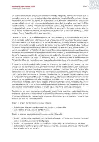 Sectores de la nueva economía 20+20                                                     | 253 |
ECONOMÍA DEL ENSAMBLAJE




En cuanto al alcance y proyección del conocimiento integrado, hemos observado que la
mayoría proyecta sus conocimientos sobre el propio sector de actividad (Embutidos y Jamo-
nes Fermín, Viscoform, etc.) pero, en numerosos casos, también se realiza una proyección
transversal del mismo, esto es, se proyecta hacia sectores distintos del de su actuación (Plás-
ticos Escanero, R Cable y Telecomunicaciones de Galicia). Algunas de las empresas actúan
como catalizadoras en el sentido de que facilitan la generación de conocimiento a terce-
ros a través, fundamentalmente, de información, formación o servicios de I+D (O3 Well-
being o Grupo Open Plus Mind, por ejemplo).

La relación entre la capacidad de ensamblar conocimiento y la posición de las empresas
en el mercado es también interesante. Solo unas pocas empresas, las más grandes, pue-
den considerarse que abarcan todo el sector de actividad, la mayoría de las analizadas se
centran en un determinado segmento del sector (por ejemplo Manuel Estrada o Plásticos
Escanero) y algunas desarrollan su actividad en nichos de mercado muy determinados (sir-
van de ejemplo LGN o Viscoform). Es interesante en estos casos observar que la posición
en el mercado no determina la proyección del conocimiento, y así encontramos empresas
de nicho cuya proyección del conocimiento es sectorial o transversal (véase por ejemplo
los casos de Biopolis, De Viaje, O3 Wellbeing, etc.). Un caso distinto es el de la Fundación
Parque Científico de Madrid que, por su propia naturaleza, tiene una posición transversal.

Por otro lado, analizando los efectos de las empresas sobre el mercado vemos que solo
unas pocas de las empresas más grandes tienen un efecto tractor, esto es, son capaces de
generar un efecto tirón sobre otras empresas o actividades (Iberdrola, Talgo y R Cable y Tele-
comunicaciones de Galicia). Algunas de las empresas actúan como plataformas de integra-
ción pues facilitan recursos o actividades para la creación de nuevos negocios (Kinépolis o
la Fundación Parque Científico de Madrid). Es muy interesante observar que el éxito de
algunas de las empresas está relacionado con su capacidad de generar nuevos negocios
en nichos de mercado a partir de su negocio original (Walking on Wine, Kinépolis, etc.) mien-
tras que el éxito de otras se basa en la integración de instalaciones, empresas o nichos de
actividad de terceros (por ejemplo, el Grupo Open Plus Mind o el Grupo Unisolar).

Recogiendo las ideas expuestas, en el cuadro siguiente se muestran varias tipologías de
empresas a partir de la relación con el ensamblaje del conocimiento y el mercado. A con-
tinuación definimos las categorías de empresas detectadas, y es importante remarcar que
muchas de ellas no son excluyentes.

Según el origen del conocimiento que integra:

• Asimiladora: integradora de conocimiento ajeno y disponible.
• Generadora: crea su propio conocimiento.

Según el alcance y proyección del conocimiento integrado:

• Proyección sectorial: proyecta conocimiento y/o negocio fundamentalmente hacia un
  sector específico, normalmente el propio.
• Proyección transversal: proyecta conocimiento y/o negocio hacia diversos sectores.
• Catalizadora: facilita la generación de conocimiento a terceros, a través de información,
  formación o servicios de I+D.
 