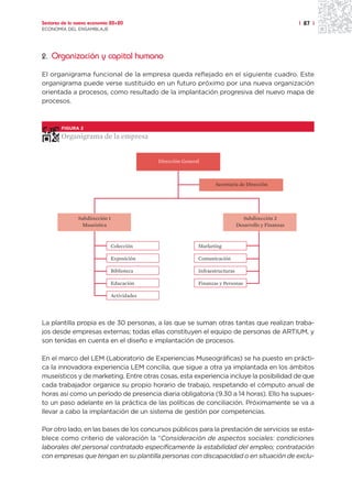 Sectores de la nueva economía 20+20                                                                   | 87 |
ECONOMÍA DEL ENSAMBLAJE




2. Organización y capital humano

El organigrama funcional de la empresa queda reflejado en el siguiente cuadro. Este
organigrama puede verse sustituido en un futuro próximo por una nueva organización
orientada a procesos, como resultado de la implantación progresiva del nuevo mapa de
procesos.



        FIGURA 2

        Organigrama de la empresa


                                           Dirección General



                                                                  Secretaría de Dirección




               Subdirección 1                                                    Subdirección 2
                Museística                                                    Desarrollo y Finanzas



                             Colección                     Marketing

                             Exposición                    Comunicación

                             Biblioteca                    Infraestructuras

                             Educación                     Finanzas y Personas

                             Actividades




La plantilla propia es de 30 personas, a las que se suman otras tantas que realizan traba-
jos desde empresas externas; todas ellas constituyen el equipo de personas de ARTIUM, y
son tenidas en cuenta en el diseño e implantación de procesos.

En el marco del LEM (Laboratorio de Experiencias Museográficas) se ha puesto en prácti-
ca la innovadora experiencia LEM concilia, que sigue a otra ya implantada en los ámbitos
museísticos y de marketing. Entre otras cosas, esta experiencia incluye la posibilidad de que
cada trabajador organice su propio horario de trabajo, respetando el cómputo anual de
horas así como un período de presencia diaria obligatoria (9.30 a 14 horas). Ello ha supues-
to un paso adelante en la práctica de las políticas de conciliación. Próximamente se va a
llevar a cabo la implantación de un sistema de gestión por competencias.

Por otro lado, en las bases de los concursos públicos para la prestación de servicios se esta-
blece como criterio de valoración la “Consideración de aspectos sociales: condiciones
laborales del personal contratado específicamente la estabilidad del empleo; contratación
con empresas que tengan en su plantilla personas con discapacidad o en situación de exclu-
 