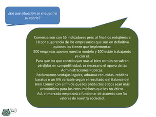 ¿En qué situación se encuentra
su teoría?

Comenzamos con 55 indicadores pero al final los redujimos a
18 por sugerencia de los empresarios que son en definitiva
quienes los tienen que implementar.
500 empresas apoyan nuestro modelo y 200 están trabajando
ya con él.
Para que los que contribuyan más al bien común no sufran
pérdidas en competitividad, es necesario el apoyo de las
Administraciones Públicas.
Reclamamos ventajas legales, aduanas reducidas, créditos
baratos e un IVA variable según el resultado del Balance del
Bien Común con el fin de que los productos éticos sean más
económicos para los consumidores que los no-éticos.
Así, el mercado empezará a funcionar de acuerdo con los
valores de nuestra sociedad.

 