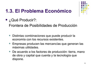 1.3. El Problema Económico  ¿Qué Producir?:  Frontera de Posibilidades de Producción Distintas combinaciones que puede producir la economía con los recursos existentes. Empresas producen las mercancías que generan las máximas utilidades. De acuerdo a los factores de producción: tierra, mano de obra y capital que cuenta y la tecnología que dispone. 