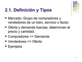 2.1. Definición y Tipos Mercado: Grupo de compradores y vendedores de un bien, servicio o factor. Oferta y demanda fuerzas, determinan el precio y cantidad. Compradores => Demanda Vendedores => Oferta Ejemplos 