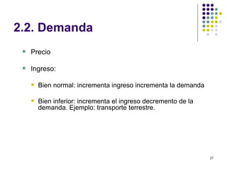 2.2. Demanda Precio Ingreso: Bien normal: incrementa ingreso incrementa la demanda Bien inferior: incrementa el ingreso decremento de la demanda. Ejemplo: transporte terrestre. 
