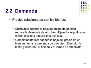 2.2. Demanda Precios relacionados con los bienes: Sustitutos: cuando la baja de precio de un bien reduce la demanda de otro bien. Ejemplo: el pollo y la carne, el cine o alquilar una película. Complementarios: cuando la baja del precio de un bien aumenta la demanda de otro bien. Ejemplo: la leche y el cereal, el helado y el jarabe de chocolate. 