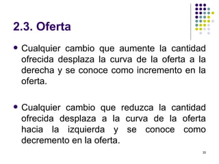 2.3. Oferta Cualquier cambio que aumente la cantidad ofrecida desplaza la curva de la oferta a la derecha y se conoce como incremento en la oferta. Cualquier cambio que reduzca la cantidad ofrecida desplaza a la curva de la oferta hacia la izquierda y se conoce como decremento en la oferta. 