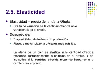 2.5. Elasticidad Elasticidad – precio de la  de la Oferta:  Grado de variación de la cantidad ofrecida ante variaciones en el precio. Depende de: Disponibilidad de factores de producción Plazo: a mayor plazo la oferta es más elástica. La oferta de un bien es elástica si la cantidad ofrecida responde sustancialmente a cambios en el precio. Y es inelástica si la cantidad ofrecida responde ligeramente a cambios en el precio. 
