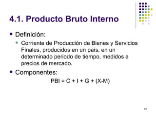 4.1.  Producto Bruto Interno Definición:  Corriente de Producción de Bienes y Servicios Finales, producidos en un país, en un determinado periodo de tiempo, medidos a precios de mercado. Componentes: PBI = C + I + G + (X-M)  