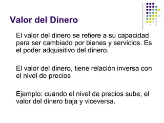 Valor del Dinero El valor del dinero se refiere a su capacidad para ser cambiado por bienes y servicios. Es el poder adquisitivo del dinero. El valor del dinero, tiene relación inversa con el nivel de precios Ejemplo: cuando el nivel de precios sube, el valor del dinero baja y viceversa. 