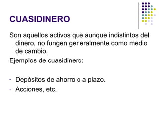 CUASIDINERO Son aquellos activos que aunque indistintos del dinero, no fungen generalmente como medio de cambio. Ejemplos de cuasidinero: Depósitos de ahorro o a plazo. Acciones, etc. 