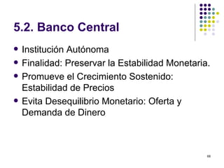 5.2.  Banco Central Institución Autónoma Finalidad: Preservar la Estabilidad Monetaria. Promueve el Crecimiento Sostenido: Estabilidad de Precios Evita Desequilibrio Monetario: Oferta y Demanda de Dinero 