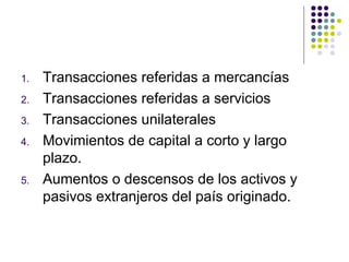 Transacciones referidas a mercancías Transacciones referidas a servicios Transacciones unilaterales Movimientos de capital a corto y largo plazo. Aumentos o descensos de los activos y pasivos extranjeros del país originado. 