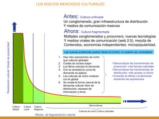 Penetración cultural / Grado de popularidad Cultura Global Cultura Local Cultura Regional Microculturas Culturas de nicho o tribus culturales Ofertas  de fragmentación cultural LOS NUEVOS MERCADOS CULTURALES Antes:  Cultura unificada Un conglomerado, gran infraestructura de distribución Y medios de comunicación masivos  Ahora:  Cultura fragmentada Múltiples conglomerados y  prosumers , nuevas tecnologías Y medios virales de comunicación (web 2.0), mezcla de Contenidos, economías independientes: micropopularidad. Las nuevas audiencias quieren tener el control, no quieren ser controlados Hay más expresiones de nicho que culturas globales Costes de acceso bajan Los filtros orientan la demanda Con la variedad la curva de demanda se aplana Las culturas de nicho rivalizan con la global Se revela la forma natural de la demanda cultural: libre de distribución, escasez de información y foros  Democratizar las herramientas de producción: más formas culturales Democratizar las herramientas de distribución: más acceso a nichos Conectar la oferta y la demanda:  reorientar las expresiones 