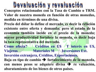Conceptos relacionados con la Tasa de Cambio o TRM. Valor de nuestra moneda en función de otras monedas, medida en términos de una divisa. Precio del dólar lo define el mercado, es decir la relación existente entre oferta y demanda; pero el estado de la economía también incide en el precio de la moneda; mayor productividad fortalece la moneda, es decir baja la tasa representativa del mercado. Cómo afecta?  Créditos en U$ T interés en U$, Viajeros Materiales M Inversiones Ext. Inversión extranjera, Créditos, Exportaciones. Baja en tipo de cambio    fortalecimiento de la moneda, con menos pesos se adquiere divisa    re valuación, abaratamiento de los bienes de otros países. Devaluación y revaluación 