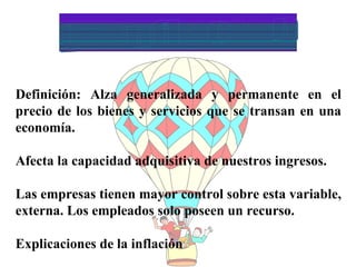 Definición: Alza generalizada y permanente en el precio de los bienes y servicios que se transan en una economía. Afecta la capacidad adquisitiva de nuestros ingresos.  Las empresas tienen mayor control sobre esta variable, externa. Los empleados solo poseen un recurso. Explicaciones de la inflación 