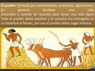El pueblo: formado por comerciantes ,artesanos, agricultores.
En          general          llevaban          una          vida
miserable y carente de recursos para llevar una vida digna
Todo el pueblo debía sembrar y la cosecha era entregada en
su totalidad al faraón, por eso el pueblo debía pagar tributos.
 
