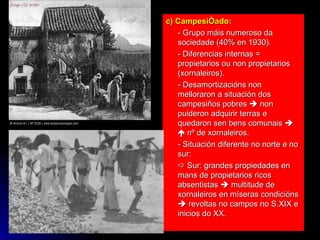 c) Campesiñado:  - Grupo máis numeroso da sociedade (40% en 1930).  - Diferencias internas = propietarios ou non propietarios (xornaleiros). - Desamortizacións non melloraron a situación dos campesiños pobres    non puideron adquirir terras e quedaron sen bens comunais       nº de xornaleiros. - Situación diferente no norte e no sur:    Sur: grandes propiedades en mans de propietarios ricos absentistas    multitude de xornaleiros en míseras condicións    revoltas no campos no S.XIX e inicios do XX. 