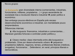    Novos grupos:  d) Burguesía:  gran diversidade interna (comerciantes, industriais, funcionarios, militares, propietarios…) = grupo ascendente da sociedade tras a revolución liberal e industrial    poder político e económico. Sen embargo poucos efectivos en España polo escaso desenvolvemento económico e industrial, con mentalidade pouco emprendedora. Diferencias internas:    Alta burguesía : financeiros, industriais e comerciantes… Manexan grandes fortunas e controlan poder político.ç    Clases medias : clase intermedia entre alta burguesía e proletariado. Orixe por desenvolvemento urbano    pequenos propietarios (talleres, negocios, terras), profesionais liberais (médicos, avogados), funcionarios… Defenderon, en xeral, principios liberais e democráticos. 