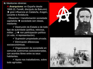    Ideoloxías obreiras: A   Anarquismo : en España desde 1868 (G. Fanelli, discípulo de Bakunin)    gran influencia en Cataluña, Aragón, Levante e Andalucía. - Obxectivo = transfomación sociedade capitalista    sociedade sen clases, mediante:    Destrución do Estado e de todo tipo de autoridade (política, relixiosa, militar…)    non participación política (ni voto, ni representación).    Supresión propiedade privada.    Eliminación diferencias socioeconómicas.    Organización da sociedade en comunas autónomas autoxestionadas, con acordos libres entre os seus habitantes.    Apoio nos traballadores, sobre todo agrícolas. 