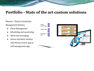 Portfolio - State of the art custom solutions
Phoenix - Fitness Consultants
Management Solution
● Client Management
● Scheduling and monitoring
● Alerts and messaging
● Access Anywhere solution
with Fitness Centre App as
well management App
 