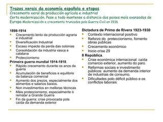 Trazos xerais da economía española e etapas
Crecemento xeral da producción agrícola e industrial
Certa modernización. Pese a todo mantense a distancia dos paises maís avanzados de
Europa Modernización e crecemento truncados pola Guerra Civil en 1936

1898-1914                                    Dictadura de Primo de Rivera 1923-1930
   Crecemento lento da producción agraria      Contexto internacional positivo
    e industrial                                Reforzo do proteccionismo, fomento
   Diversificación Industrial                   obras públicas
   Escaso impacto da perda das colonias        Crecemento económico
   Consolidación da industria vasca e          Inicio crise 29
    catalana
                                             II República.
   Proteccionismo                              Crise económica internacional: caída
Primeira guerra mundial 1914-1918.               comercio exterior, aumento do paro
   Rápido crecemento durante os anos da
    guerra
                                                Reformas sociais e investimento
                                                 públicos: aumento da demanda interior
   Acumulación de beneficios e equilibrio       de industrias de consumo.
    da balanza comercial
   Aumento dos prezos, especialmente dos
                                                Dificultades polo déficit público e os
    alimentos e salarios baixos.                 conflictos laborais
   Non investimentos en melloras técnicas
   Máis proteccionismo, especialmente ó
    rematar a Grande Guerra
   Fin da guerra: crise provocada pola
    caída da demanda exterior
 