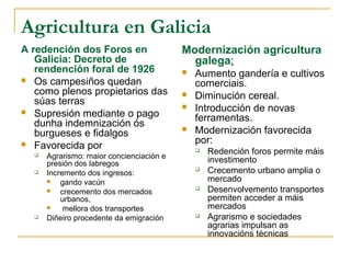 Agricultura en Galicia
A redención dos Foros en                  Modernización agricultura
   Galicia: Decreto de                      galega:
   rendención foral de 1926                  Aumento gandería e cultivos
 Os campesiños quedan
                                              comerciais.
   como plenos propietarios das              Diminución cereal.
   súas terras
 Supresión mediante o pago
                                             Introducción de novas
                                              ferramentas.
   dunha indemnización ós
   burgueses e fidalgos                      Modernización favorecida
 Favorecida por
                                              por:
                                                 Redención foros permite máis
     Agrarismo: maior concienciación e
      presión dos labregos                        investimento
     Incremento dos ingresos:
                                                 Crecemento urbano amplia o
         gando vacún                             mercado
         crecemento dos mercados
                                                 Desenvolvemento transportes
          urbanos,                                permiten acceder a máis
          mellora dos transportes                mercados
     Diñeiro procedente da emigración           Agrarismo e sociedades
                                                  agrarias impulsan as
                                                  innovacións técnicas
 