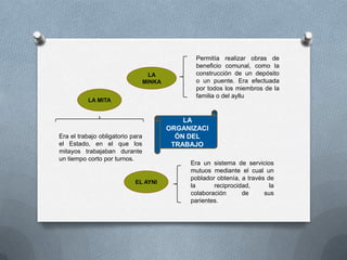 Permitía realizar obras de
                                                 beneficio comunal, como la
                                    LA           construcción de un depósito
                                  MINKA          o un puente. Era efectuada
                                                 por todos los miembros de la
                                                 familia o del ayllu
          LA MITA


                                              LA
                                          ORGANIZACI
Era el trabajo obligatorio para             ÓN DEL
el Estado, en el que los                   TRABAJO
mitayos trabajaban durante
un tiempo corto por turnos.
                                               Era un sistema de servicios
                                               mutuos mediante el cual un
                                               poblador obtenía, a través de
                            EL AYNI
                                               la      reciprocidad,       la
                                               colaboración      de      sus
                                               parientes.
 