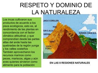 RESPETO Y DOMINIO DE
LA NATURALEZA
EN LAS 8 REGIONES NATURALES
Los incas cultivaron sus
productos de acuerdo a los
pisos ecológicos, esto es, al
rendimiento de las plantas en
concordancia con el factor
climático altitudinal, y que
comprendían desde las partes
altas del ande hasta las
quebradas de la región yunga
y los valles costeños
También aprovecharon los
recursos marinos como
peces, mariscos, algas y aún
aves quienes sirvieron como
alimento para la población
 