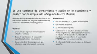 Es una corriente de pensamiento y acción en lo económico y
político nacida después de la Segunda Guerra Mundial
Postula que cualquier intervención o imitación de los
mecanismos de mercado por parte del estado es una
amenaza a la libertad económica y política.
Objetivos:
• Crear un nuevo equilibrio entre los sectores
estatales y públicos.
• Expandir las relaciones de producción
capitalistas a la esfera internacional.
• Exageración de la libre competencia que
solucionen los problemas de la economía.
Consecuencias.
• 800 000 millones U.S.D., como deuda externa.
• 850 millones de pobres.
• 95 millones de indigentes.
• Globalización en la cultura: Estados Unidos es
dueño del 50% de los satélites de comunicación y
de más del 70% de las redes mundiales En el
mundo existen 250 millones de usuarios de
INTERNET, 130 son norteamericanas.
• 16 millones de hectáreas de bosques se destruyen
cada año.
 