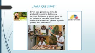 Sirven para generar una forma de
producción asociativa de bienes y
servicios destinados al autoconsumo o a
su venta en el mercado, con el fin de,
mediante el autoempleo, generar ingresos
para su auto subsistencia
¿PARA QUE SIRVE?
 