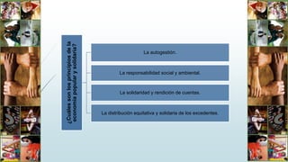 ¿Cuálessonlosprincipiosdela
economíapopularysolidaria?
La autogestión.
La responsabilidad social y ambiental.
La solidaridad y rendición de cuentas.
La distribución equitativa y solidaria de los excedentes.
 
