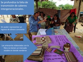 Se profundiza la falta de
transmisión de saberes
intergeneracionales.




Sin poder representar un
ingreso de dinero constante




 Las artesanías elaboradas con la
   fibra no tienen un mercado
   estable en donde venderse
 