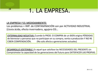 28
                    1. LA EMPRESA.
LA EMPRESA Y EL MEDIOAMBIENTE:
Los problemas + IMP. de CONTAMINACIÓN son por ACTIVIDAD INDUSTRIAL
(Lluvia ácida, efecto invernadero, agujero O3…

EXTERNALIDAD NEGATIVA: Cuando la PROD. O COMPRA de un BIEN origina PÉRDIDAS
de bienestar a personas que no participan en su compra, venta o producción Y NO RE
CIBEN COMPENSACIÓN.          (No solo afecta a generaciones actuales)


DESARROLLO SOSTENIBLE: Es aquel que satisface las NECESIDADES DEL PRESENTE sin
Comprometer la capacidad de las generaciones del futuro para SATISFACER LAS PROPIAS.




                                                                            09/11/12
 