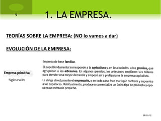 9
               1. LA EMPRESA.
TEORÍAS SOBRE LA EMPRESA: (NO lo vamos a dar)

EVOLUCIÓN DE LA EMPRESA:




                                                09/11/12
 