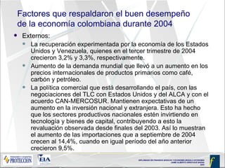 Factores que respaldaron el buen desempeño de la economía colombiana durante 2004 Externos: La recuperación experimentada por la economía de los Estados Unidos y Venezuela, quienes en el tercer trimestre de 2004 crecieron 3,2% y 3,3%, respectivamente. Aumento de la demanda mundial que llevó a un aumento en los precios internacionales de productos primarios como café, carbón y petróleo. La política comercial que está desarrollando el país, con las negociaciones del TLC con Estados Unidos y del ALCA y con el acuerdo CAN-MERCOSUR. Mantienen expectativas de un aumento en la inversión nacional y extranjera. Esto ha hecho que los sectores productivos nacionales estén invirtiendo en tecnología y bienes de capital, contribuyendo a esto la revaluación observada desde finales del 2003. Así lo muestran el aumento de las importaciones que a septiembre de 2004 crecen al 14,4%, cuando en igual período del año anterior crecieron 9,5%. 