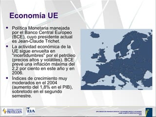 Economía UE Política Monetaria manejada por el  Banco Central Europeo (BCE), cuyo presidente actual es Jean-Claude Trichet. La actividad económica de la UE sigue envuelta en "incertidumbres" por el petróleo (precios altos y volátiles). BCE prevé una inflación máxima del 2,2 por ciento en este año y en 2006.  Índices de crecimiento muy moderados en el 2004 (aumento del 1,8% en el PIB), sobretodo en el segundo semestre.  