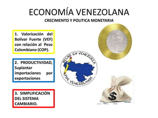 ECONOMÍA VENEZOLANA
CRECIMENTO Y POLITICA MONETARIA
1. Valorización del
Bolívar Fuerte (VEF)
con relación al Peso
Colombiano (COP).
2. PRODUCTIVIDAD,
Suplantar
importaciones por
exportaciones
3. SIMPLIFICACIÓN
DEL SISTEMA
CAMBIARIO.
 